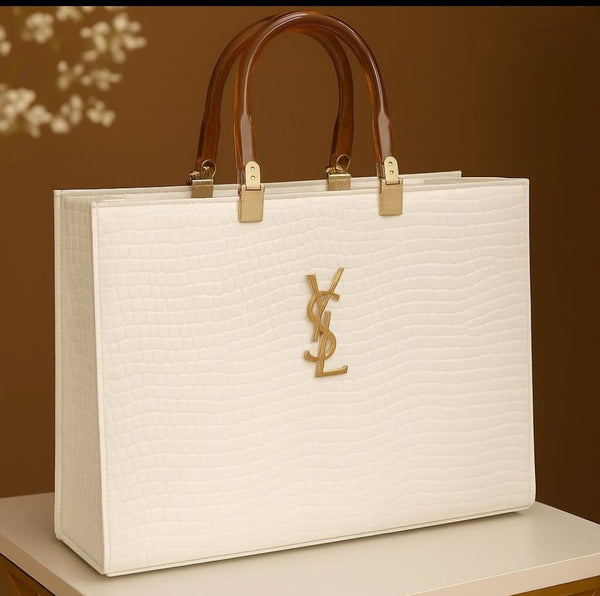 YSL Inspired Croc-Textured Black Leather Tote Bag