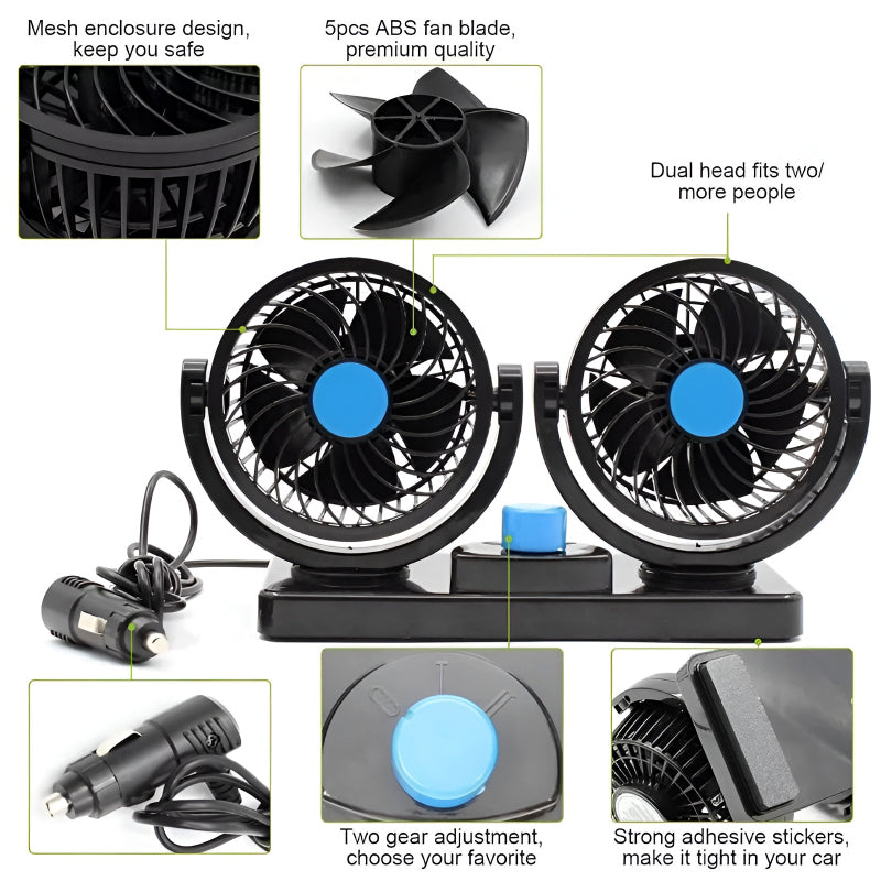 F30 Dual-Headed 360° Rotating Car Fan with Low Noise & Adjustable Airflow