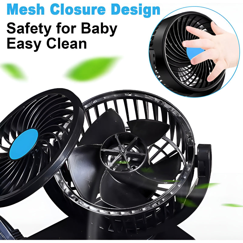 F30 Dual-Headed 360° Rotating Car Fan with Low Noise & Adjustable Airflow
