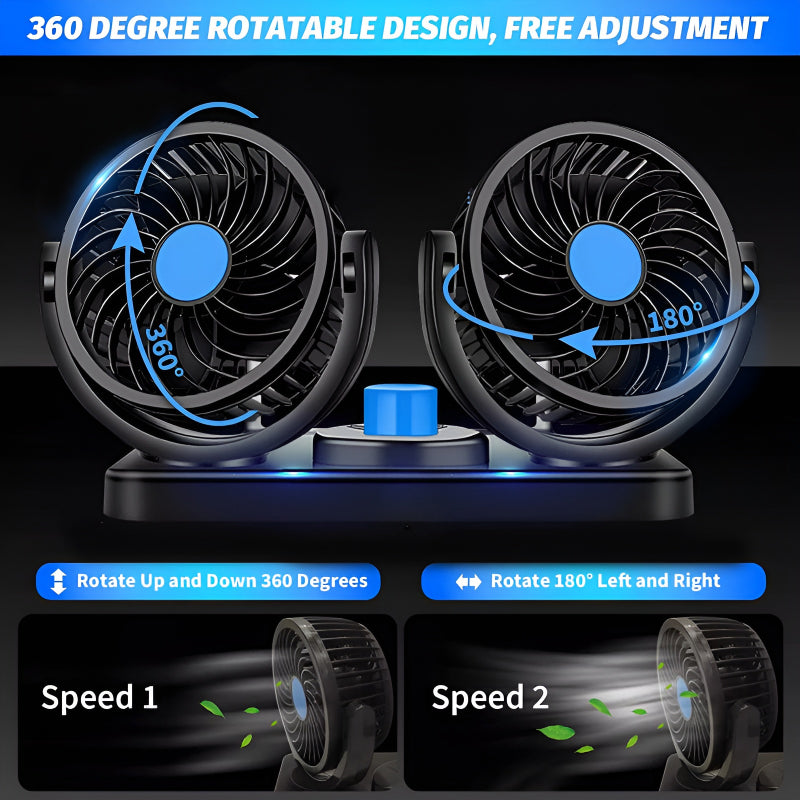 F30 Dual-Headed 360° Rotating Car Fan with Low Noise & Adjustable Airflow