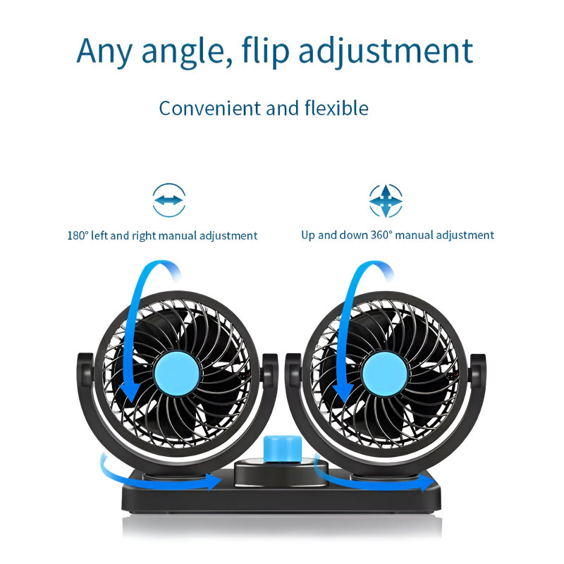 F30 Dual-Headed 360° Rotating Car Fan with Low Noise & Adjustable Airflow